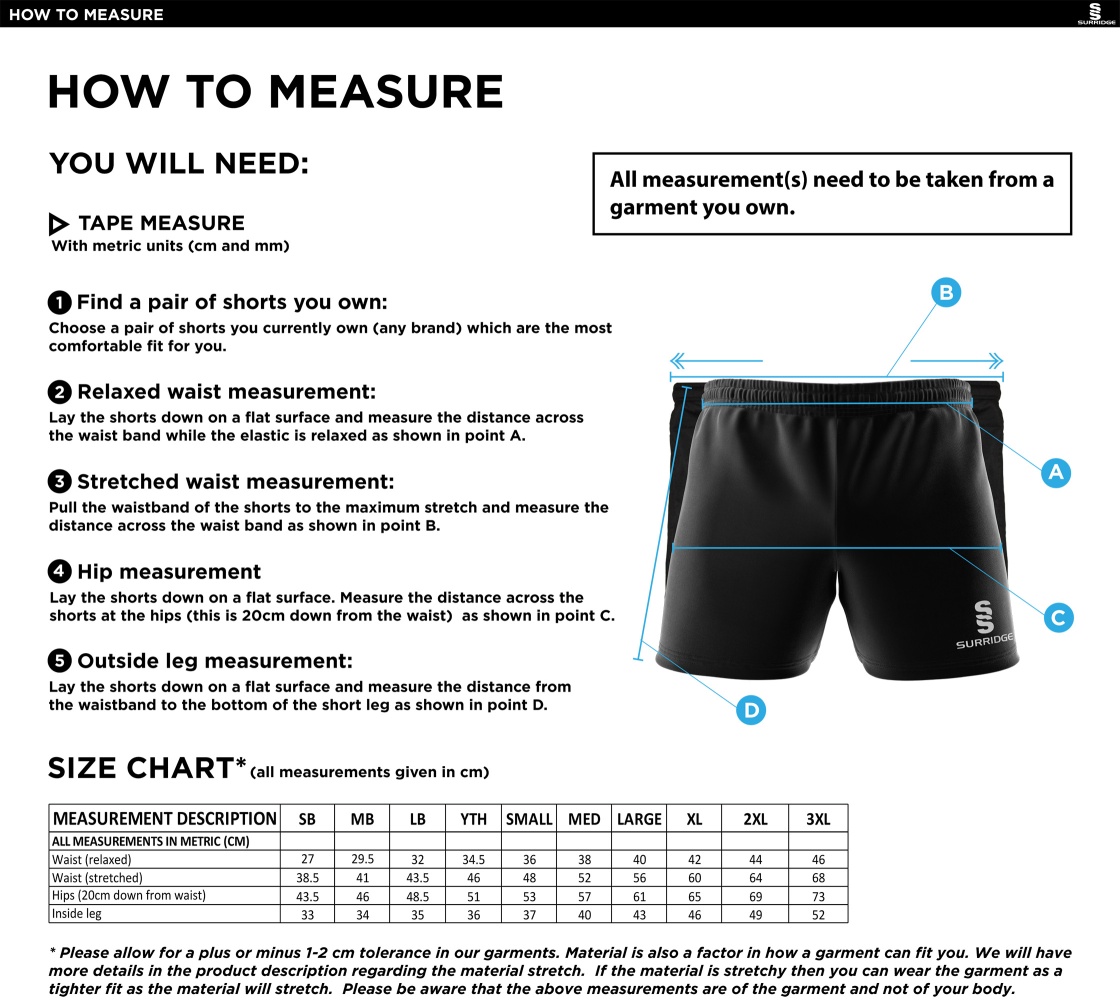 Women's Rugby Union - Performance Gym Short - Unisex Fit - Size Guide