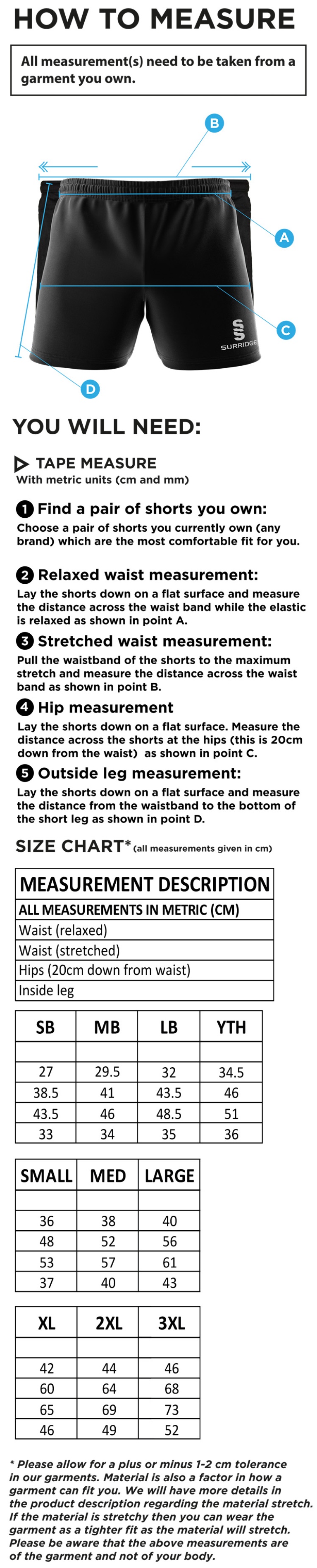 Women's Rugby Union - Performance Gym Short - Unisex Fit - Size Guide