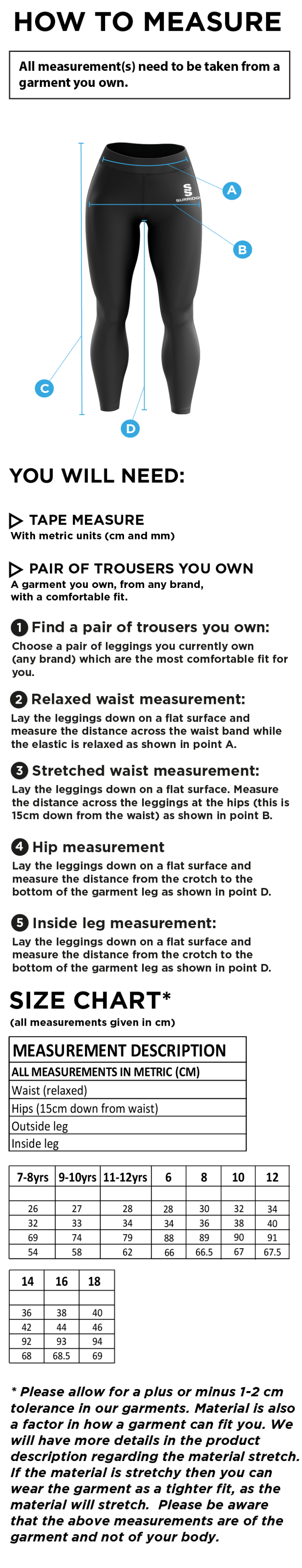 Huddersfield University - Performance Full Length Leggings - Size Guide