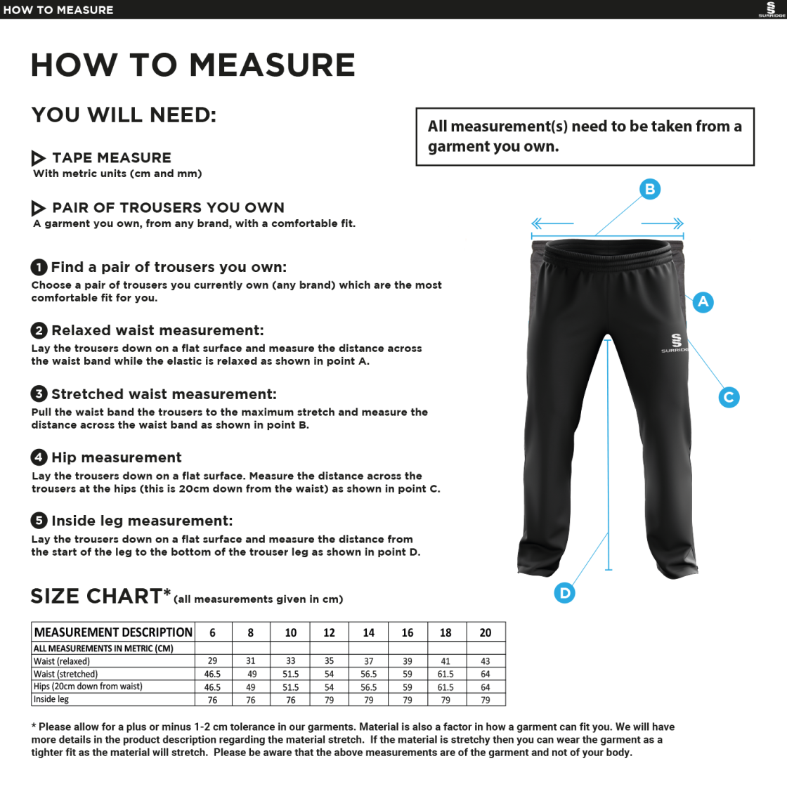 Huddersfield University - Poplin Track Pant - Women's Fit - Size Guide