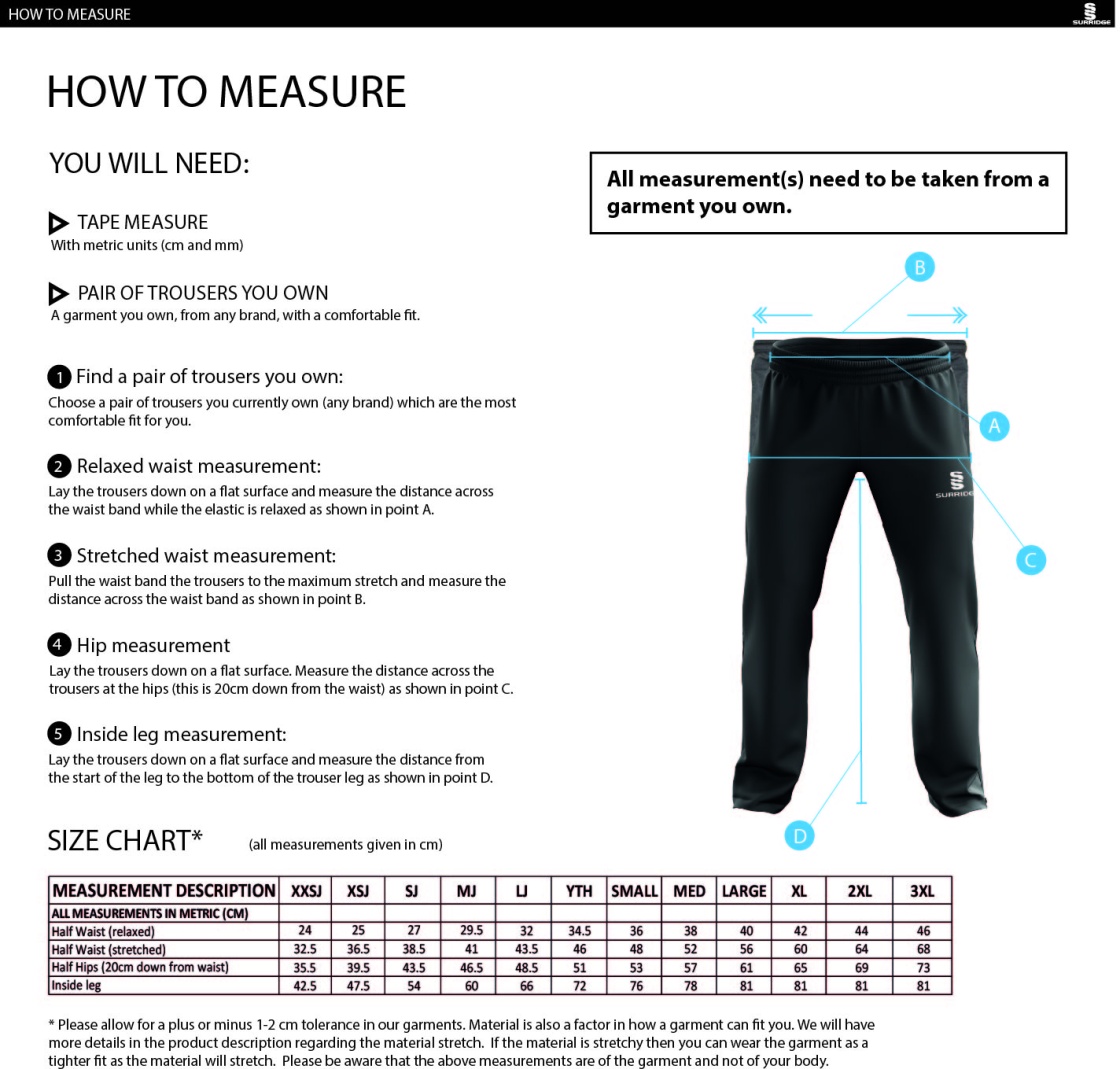 Huddersfield University Ice Skating - Dual Poplin Track Pant with Lycra - Unisex Fit - Size Guide