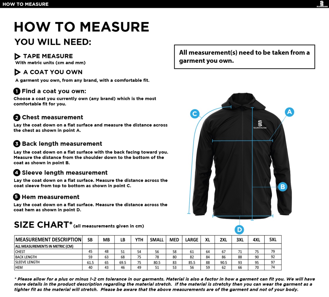 Huddersfield University Ice Skating - Dual Full Zip Training Jacket - Unisex - Size Guide