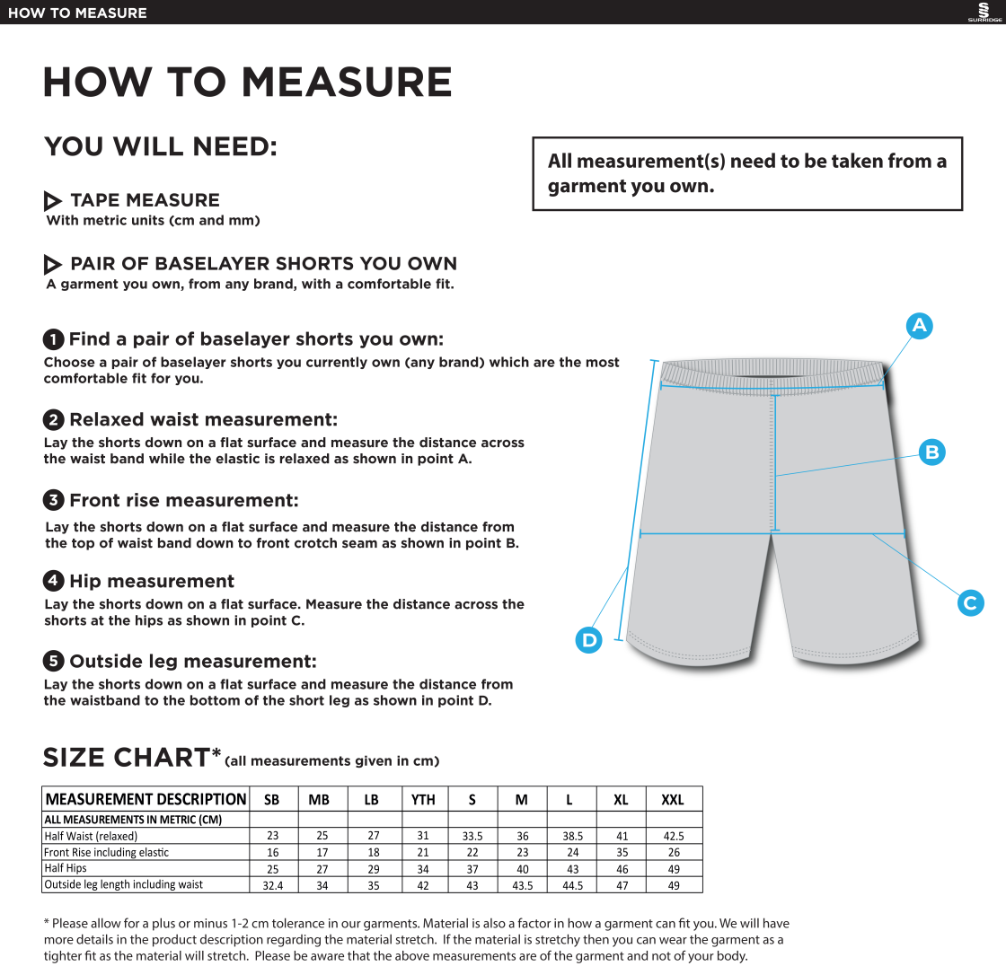 Huddersfield University - Dual Baselayer Short - Unisex - Size Guide