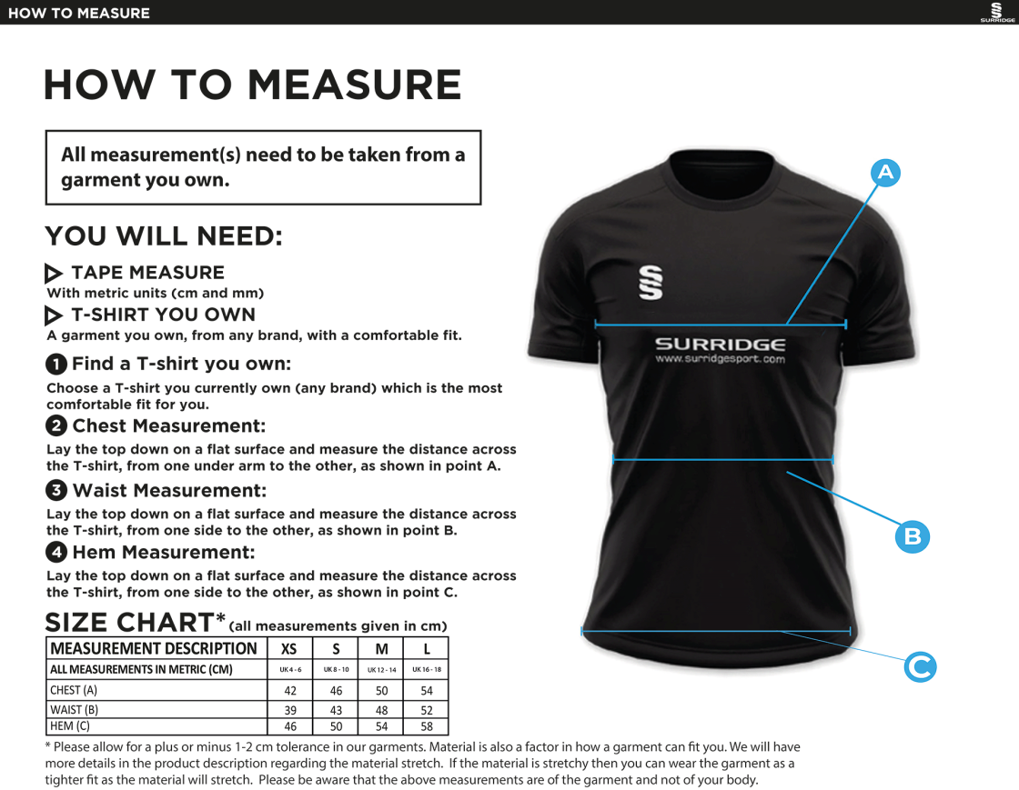 Huddersfield University - Dual Games Shirt - Women's Fit - Size Guide