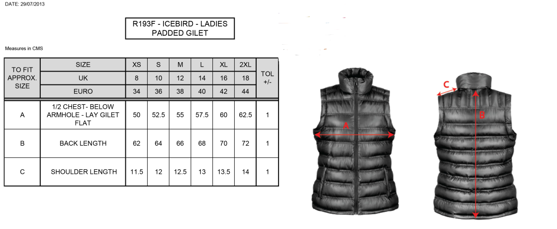 Huddersfield University - Padded Gilet - Women's Fit - Size Guide