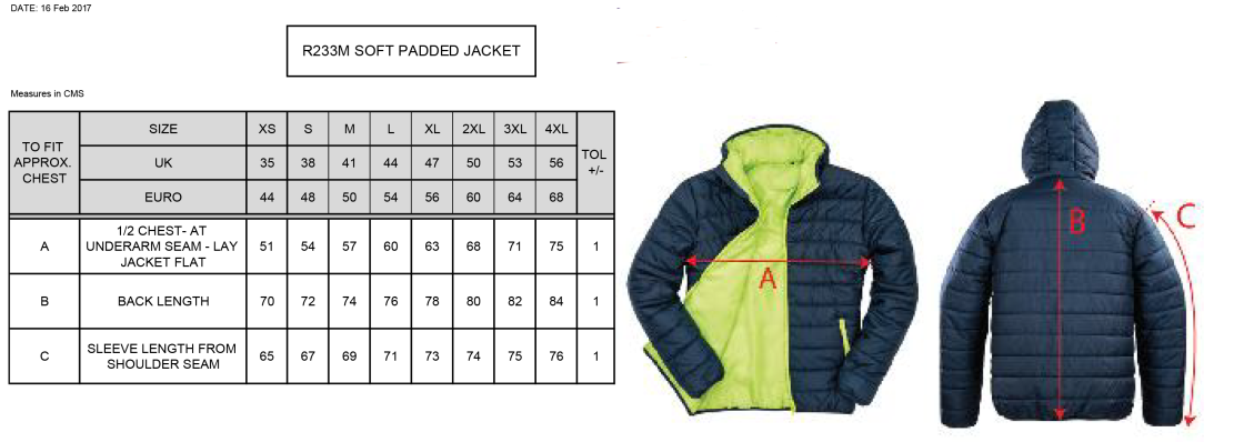 Huddersfield University - Supersoft Padded Jacket - Unisex - Size Guide