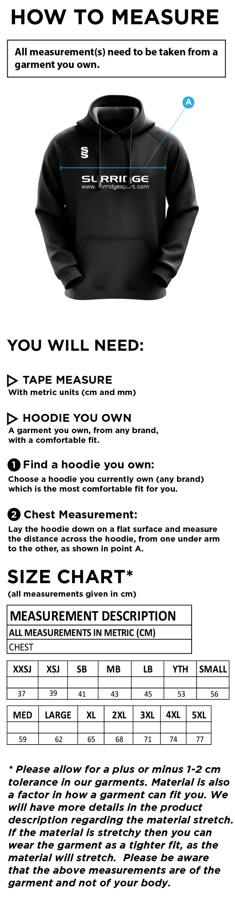 Men's Rugby League - Fuse Hoody - Size Guide