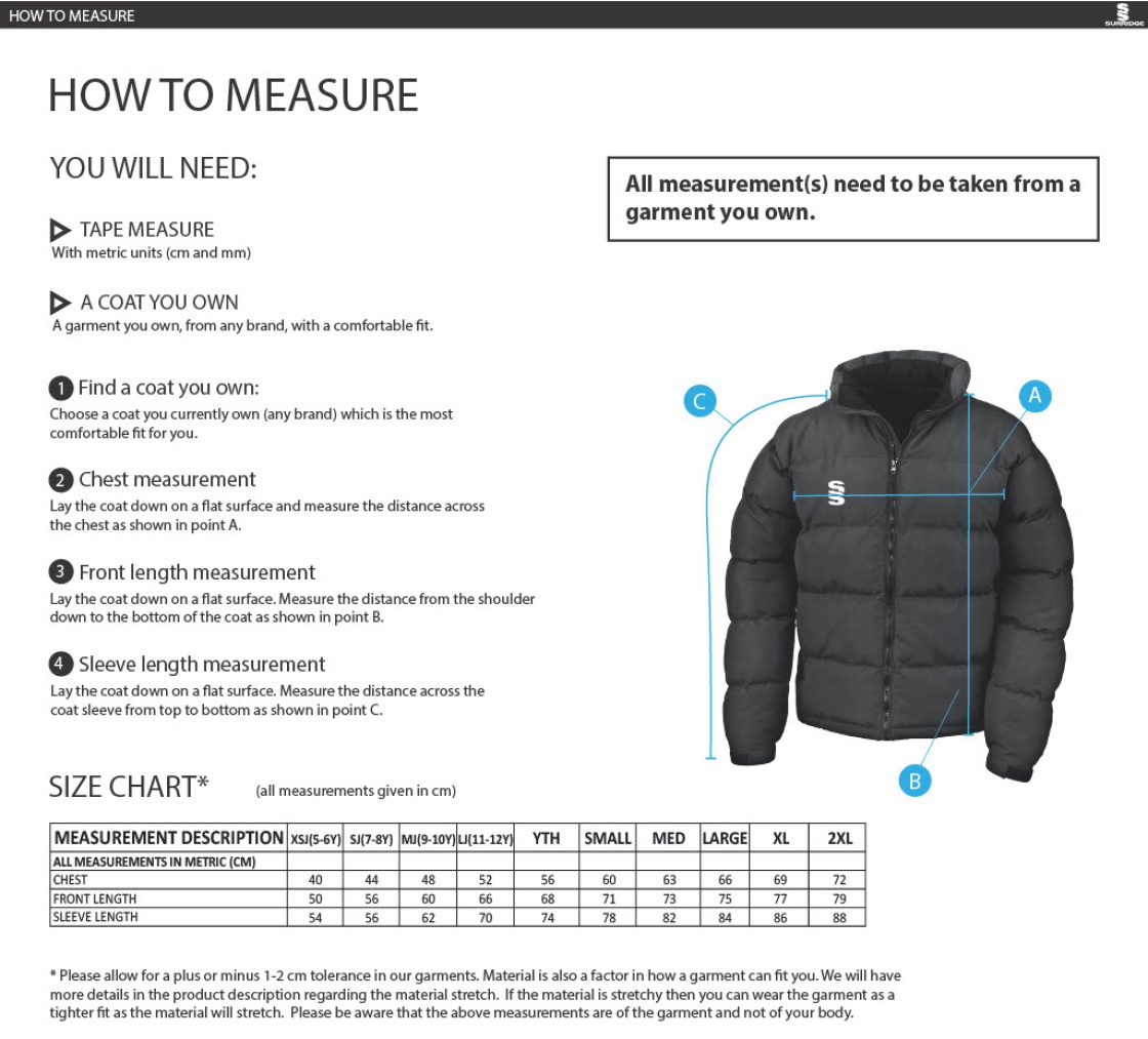 Huddersfield University - Holkham Down Feel Jacket - Men's Fit - Size Guide