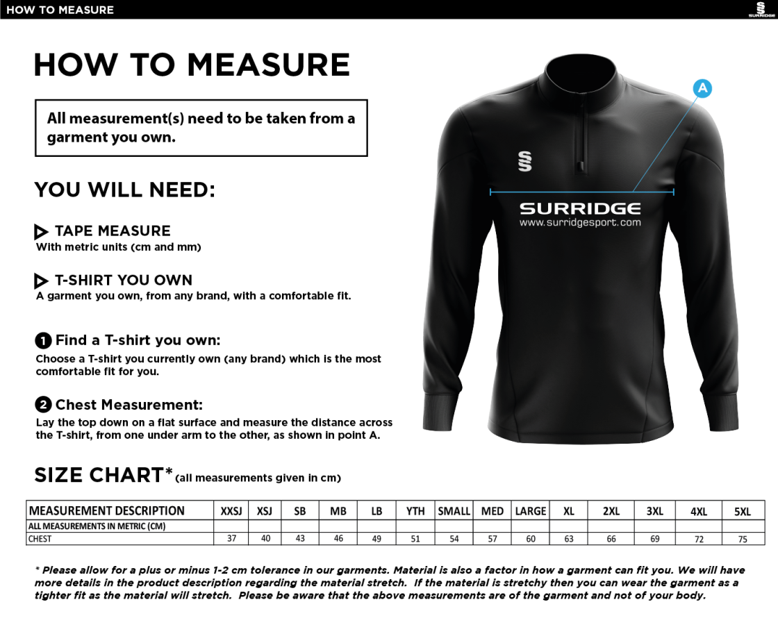 Badminton - 1/4 Zip Dual Performance Top - Unisex - Size Guide