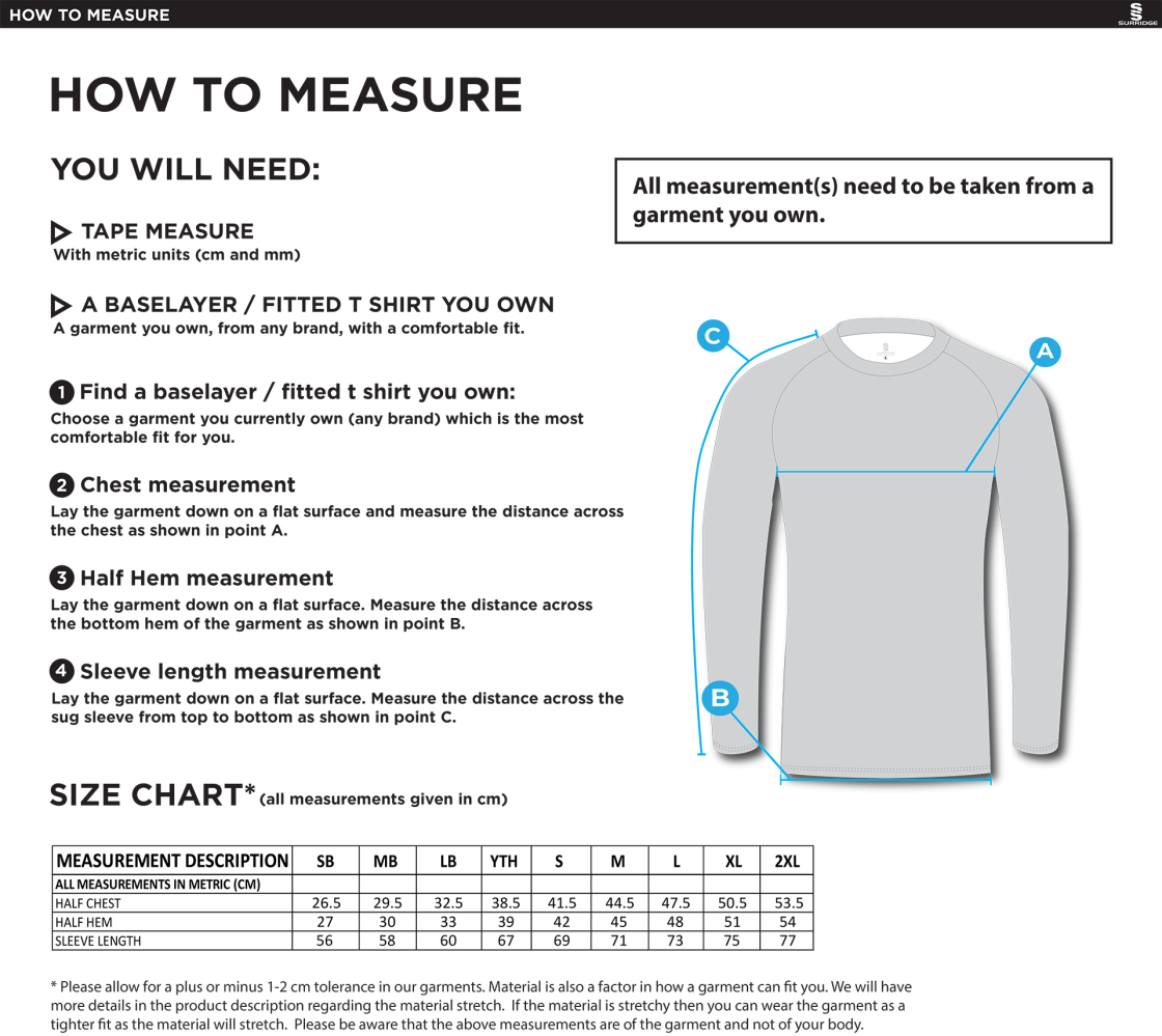 Huddersfield University Ice Skating - Dual Long Sleeve Baselayer - Unisex - Size Guide