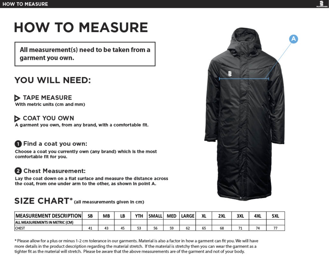 Huddersfield University - Full Length Sub Coat - Unisex - Size Guide