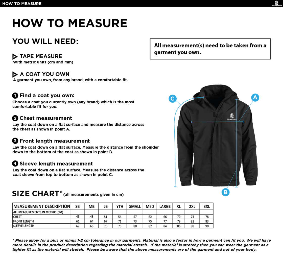 Huddersfield University Ice Skating- Dual Fleece Lined Jacket - Unisex - Size Guide