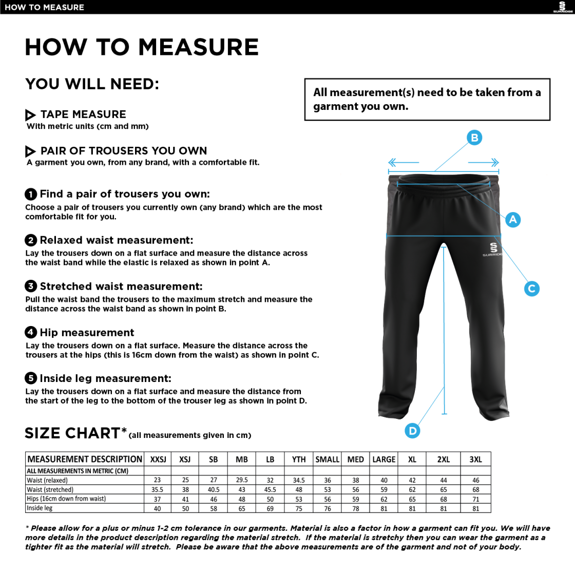 Huddersfield University - Poplin Track Pant - Men's Fit - Size Guide