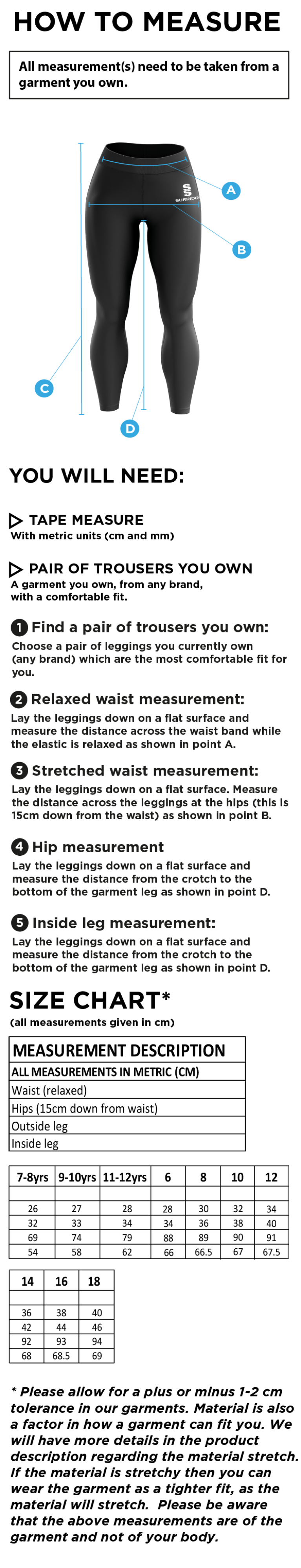 Huddersfield University Ice Skating - Performance Full Length Leggings - Size Guide