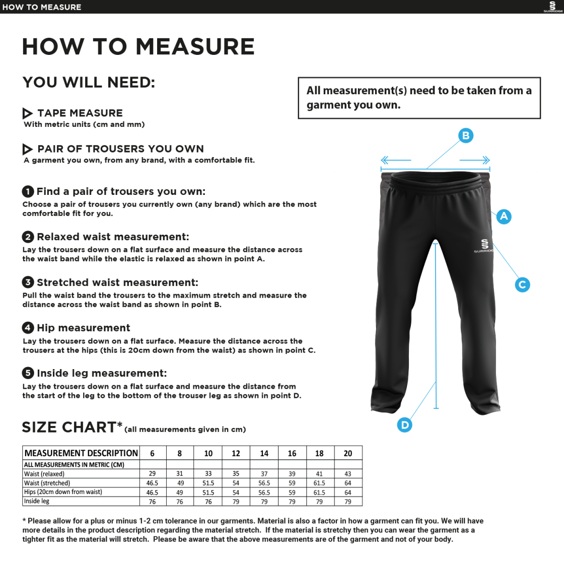 Huddersfield University Ice Skating - Dual Poplin Track Pant with Lycra - Women's Fit - Size Guide