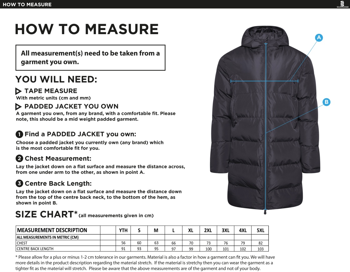 Huddersfield University Ice Skating - Full Length Sub Coat - Unisex - Size Guide