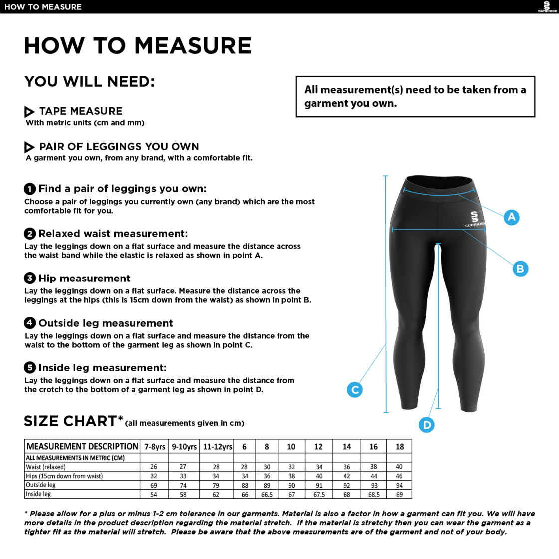 Huddersfield University - Performance Full Length Leggings - Size Guide