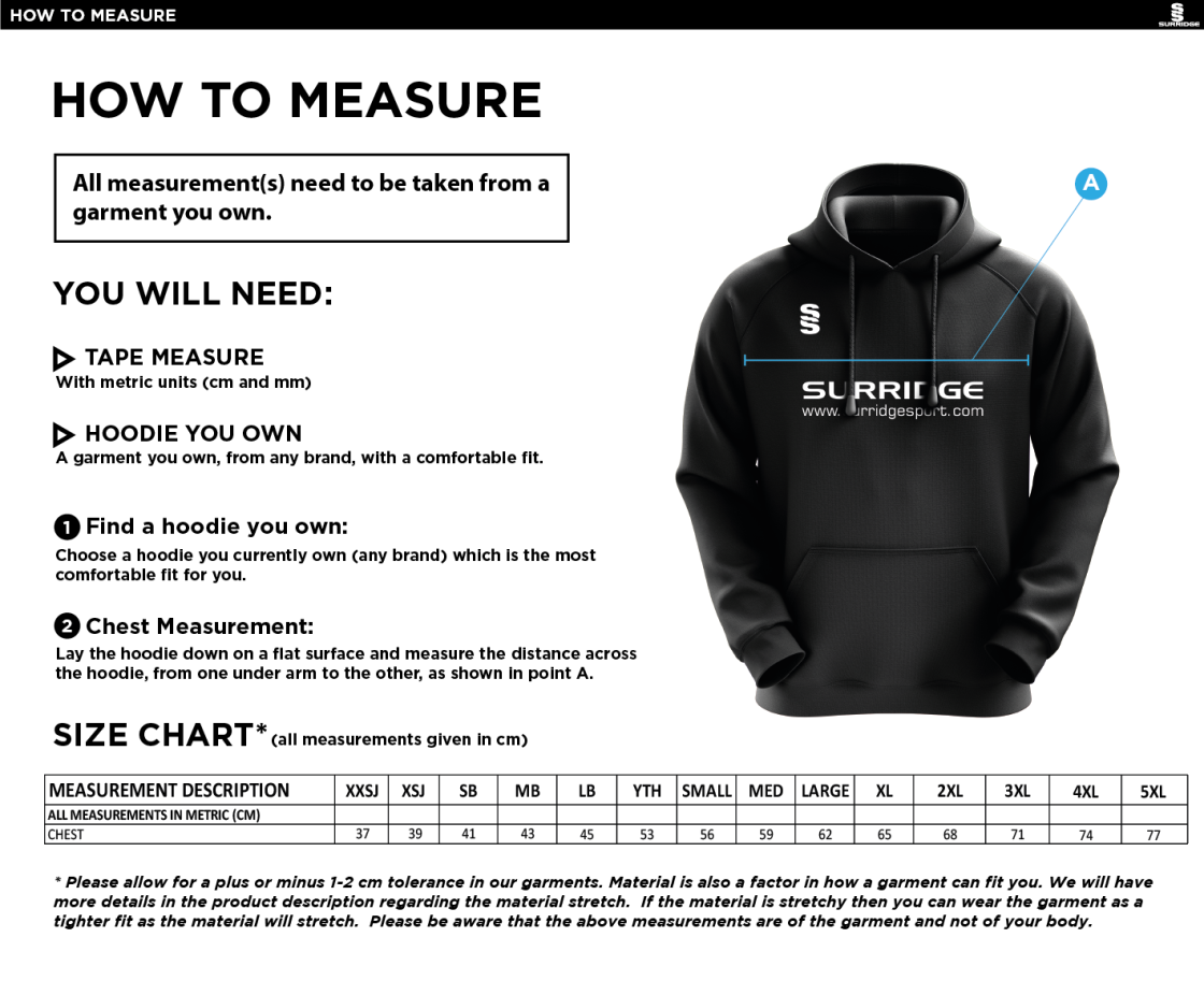 Men's Rugby League - Fuse Hoody - Size Guide