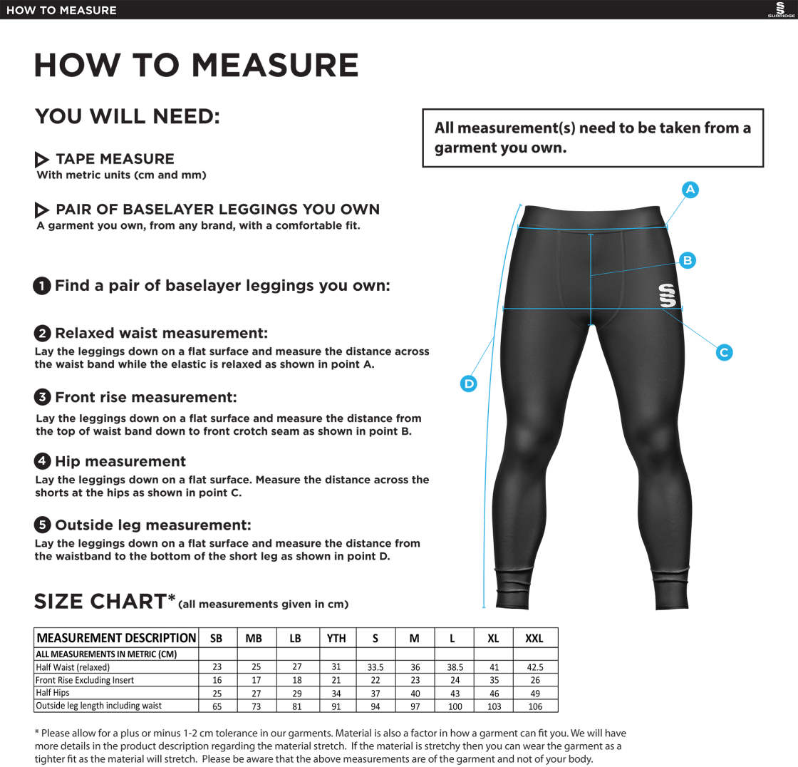 Huddersfield University - Dual Baselayer Legging - Unisex - Size Guide