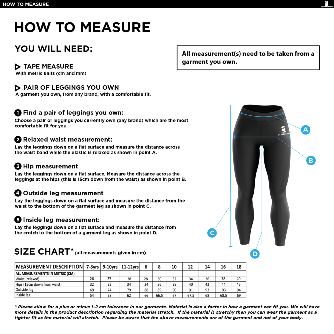 Huddersfield University Ice Skating - Performance Full Length Leggings - Size Guide