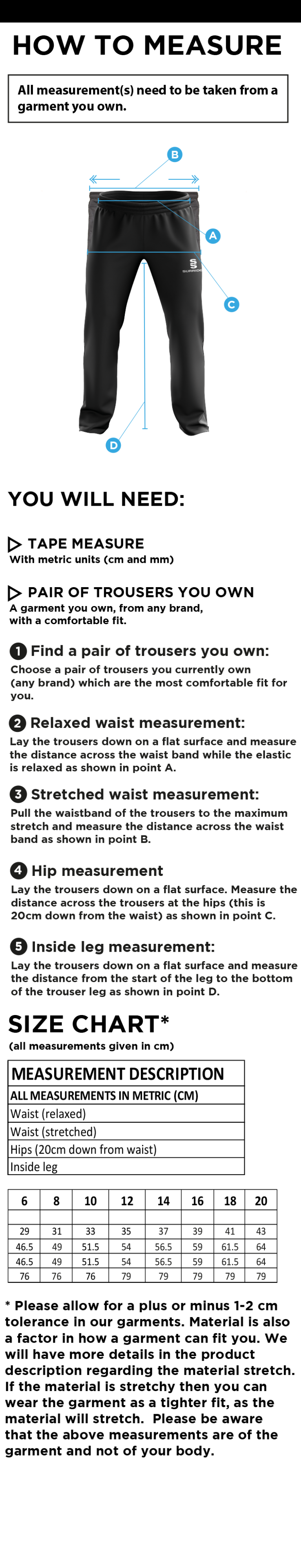 Huddersfield University - Dual Poplin Track Pant with Lycra - Women's Fit - Size Guide