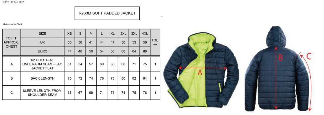 Huddersfield University Ice Skating - Supersoft Padded Jacket - Unisex - Size Guide