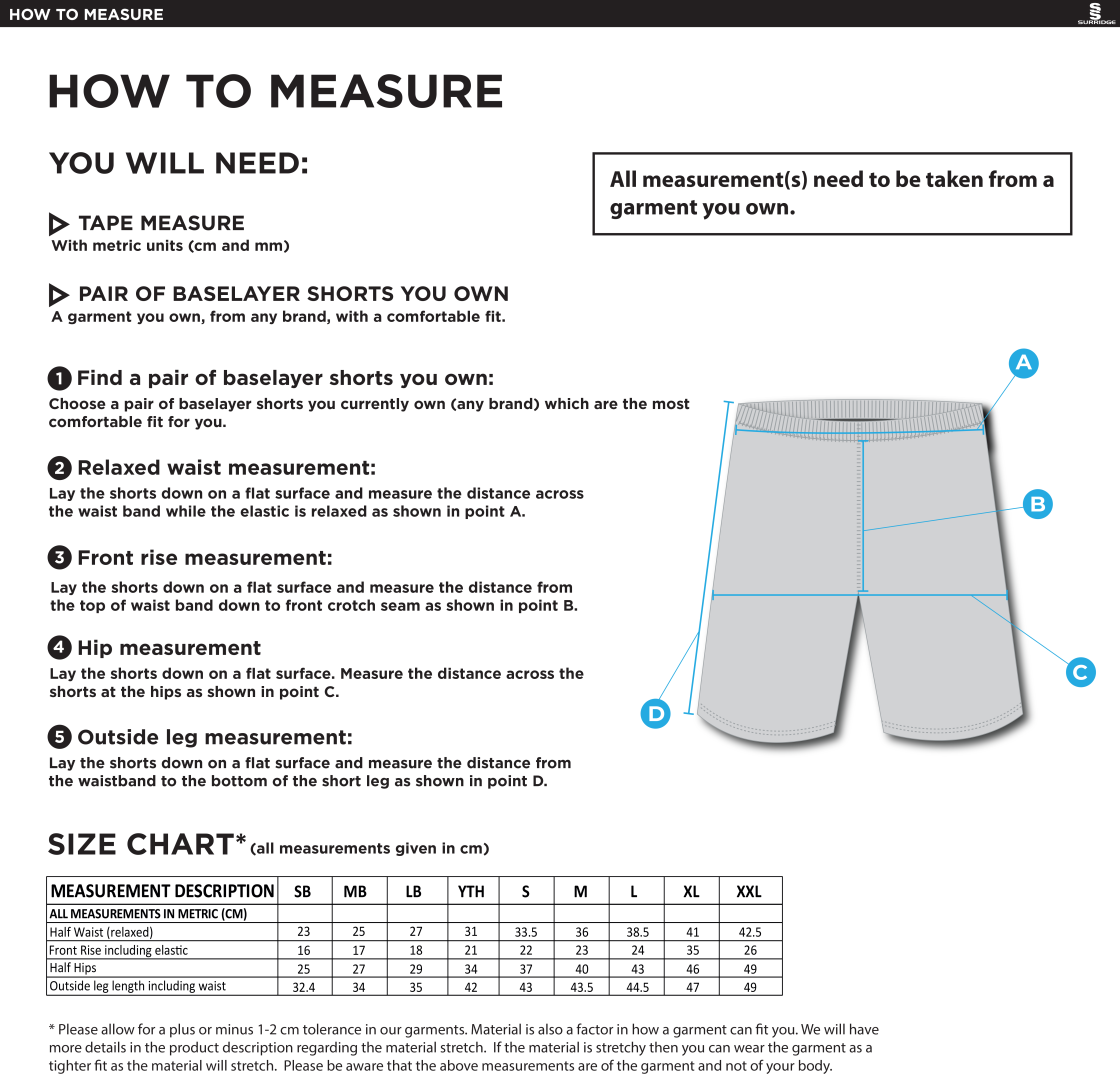Huddersfield University Ice Skating - Dual Baselayer Short - Unisex - Size Guide